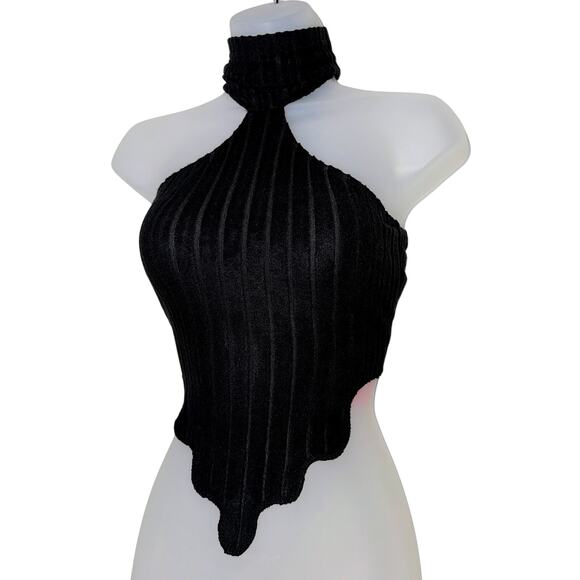 New XS‎ Black High Neck Sleeveless Turtleneck Ribbed Drip Hem Crop Triangle Top - Picture 4 of 5